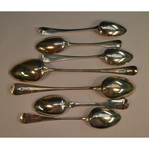 613 - A George III Old English serving spoon, Richard Crossley. London 1804; another, London; a pair of ta... 