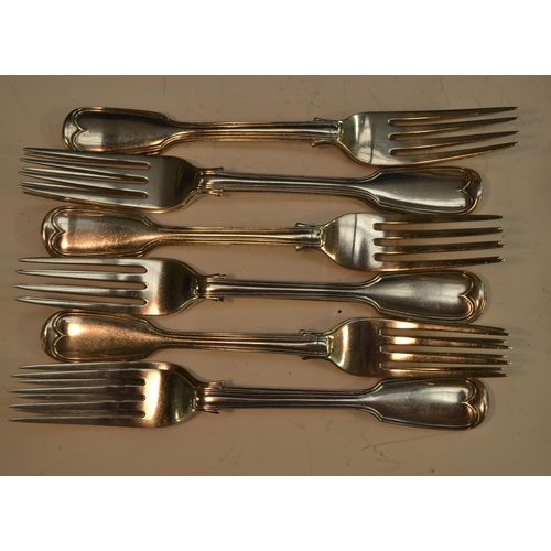 615 - A George IV and later Fiddle and Thread pattern pattern service, comprising ten table spoons, twelve... 