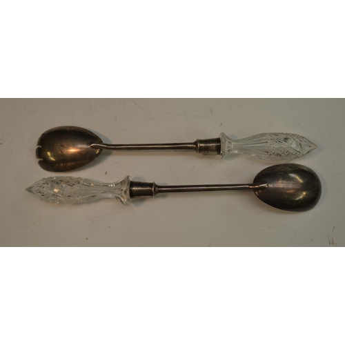 619 - A pair of Edwardian silver salad servers, hobnail-cut clear glass hafts, Birmingham 1902