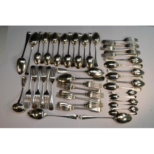 625 - A set of six silver Hanoverian pattern  dessert forks; a set of six similar table forks; a set of si... 