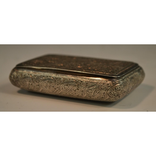 659 - A 19th century Persian silver snuff box, chased overall in the Islamic taste with dense foliage, hin... 