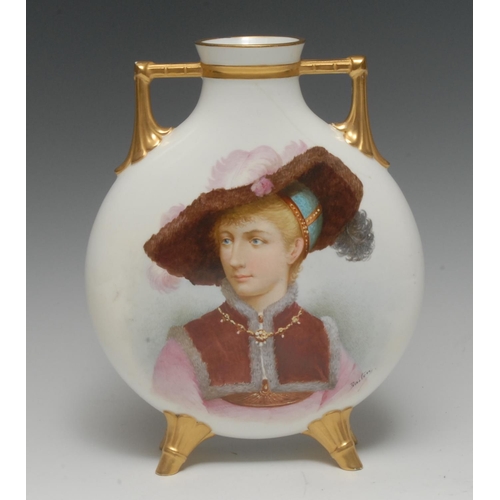 66 - A Minton moon flask, painted by Baston, signed, with a portrait of a girl wearing a large feathered ... 