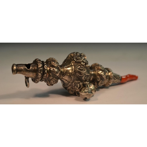 660 - A 19th century silver baby's rattle, chased with flowers and scrolls, whistle terminal, coral teethe... 