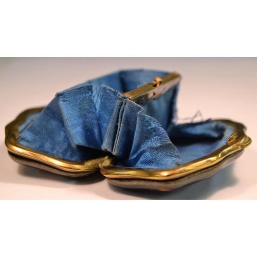 662 - A 19th century tortoiseshell and gold coloured metal pique purse, hinged cover, watered silk-lined i... 