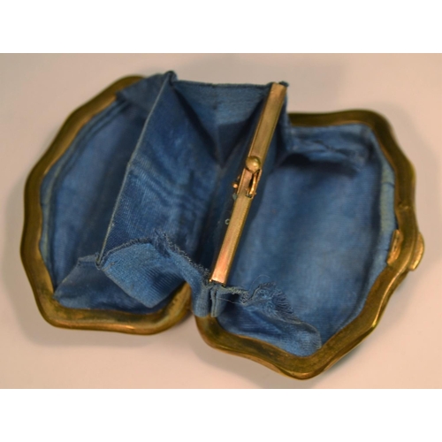 662 - A 19th century tortoiseshell and gold coloured metal pique purse, hinged cover, watered silk-lined i... 