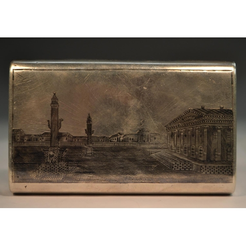 663 - A 19th century Russian silver and niello bag shaped cigar case, decorated with city architecture and... 