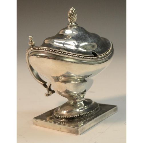 682 - A George III provincial silver oval pedestal mustard, hinged cover with spiral knop finial, beaded b... 