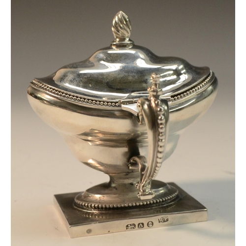 682 - A George III provincial silver oval pedestal mustard, hinged cover with spiral knop finial, beaded b... 