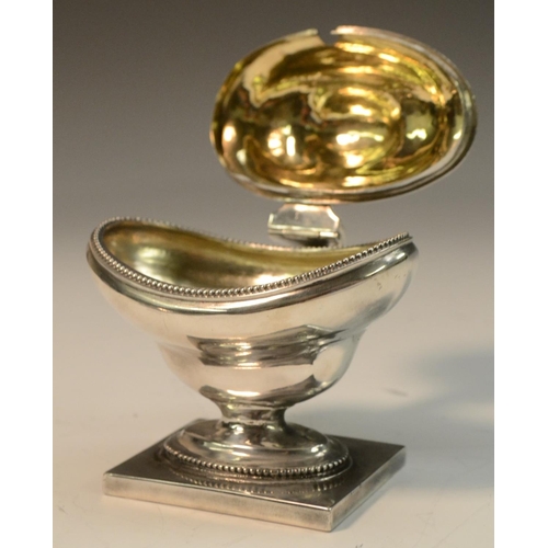 682 - A George III provincial silver oval pedestal mustard, hinged cover with spiral knop finial, beaded b... 