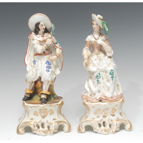 70 - A pair of 19th century figures, of a gallant and companion, he as a cavalier, both seated, high scro... 