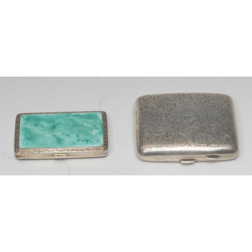 727 - A German lady's silver rounded rectangular cigarette case, applied with green marble panels, scrolls... 