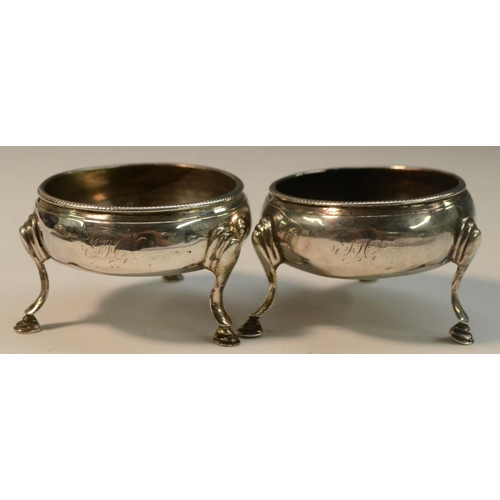 758 - A pair of George III silver cauldron salts, milled borders, hoof feet, 6cm diam, London 1784