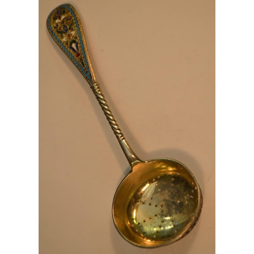 780 - A Russian silver and cloisonne enamel sifter spoon, decorated in polychrome, gilt oval bowl, 15.5cm ... 