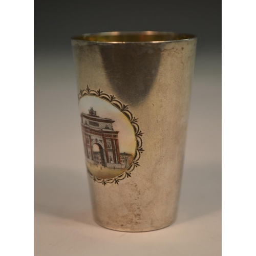 781 - A Russian silver and enamel tapered cylindrical vodka cup , decorated in polychrome with The Triumph... 