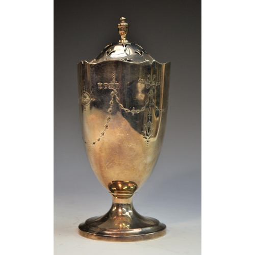 792 - A silver neo-classical pedestal sugar caster, engraved with ribbon tied husk swags and tendrils, dom... 