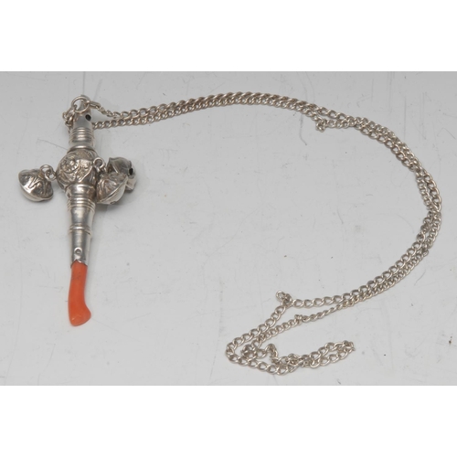 797 - A Victorian  silver baby's rattle, whistle terminal, three bells, coral teething haft, suspension ch... 