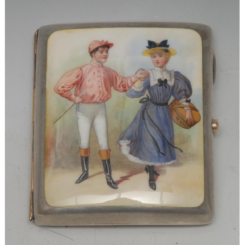 800 - A Victorian bowed rectangular cigarette case, enamelled with jockey and companion, 7cm wide,   Deely... 