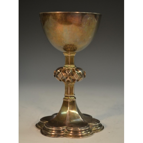 857 - An early Victorian Gothic Revival silver ecclesiastical communion chalice, hemi-ovoid bowl, knopped ... 