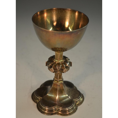 857 - An early Victorian Gothic Revival silver ecclesiastical communion chalice, hemi-ovoid bowl, knopped ... 