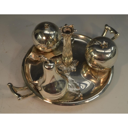 858 - An early Victorian Naturalistic silver novelty standish, as a dish of fruit, the pear shaped wafer b... 