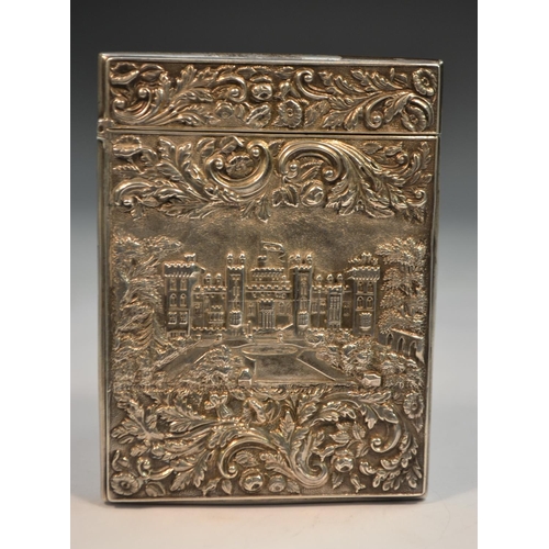 861 - An early Victorian silver rectangular castle top visiting card case, embossed with two views of Wind... 