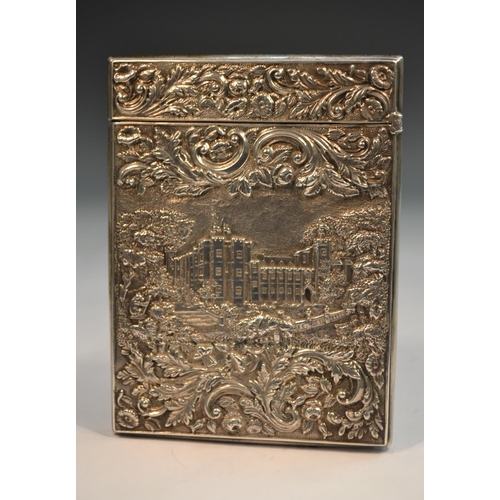 861 - An early Victorian silver rectangular castle top visiting card case, embossed with two views of Wind... 