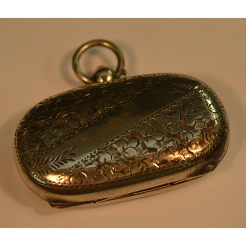 872 - An Edwardian silver rounded rectangular twin-section sovereign case, engraved with foliage, hinged c... 