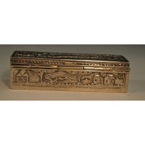 882 - An Indian silver rounded rectangular snuff box, chased with a snake, and buildings in a landscape, h... 