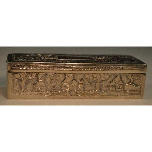 882 - An Indian silver rounded rectangular snuff box, chased with a snake, and buildings in a landscape, h... 