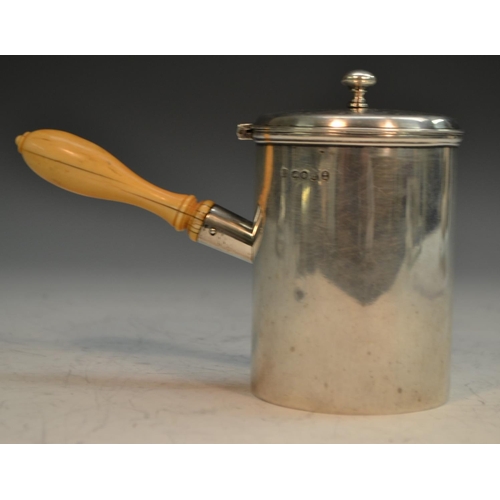 887 - An unusual George IV silver side-handled cylindrical warm milk or chocolate pot, hinged cover,  stra... 