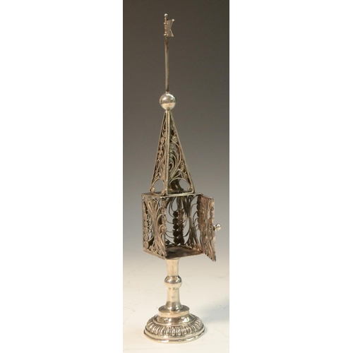 905 - Judaica - an Austrian silver Jewish spice tower, the steeple surmounted by a flag and enclosing a be... 