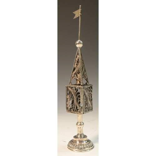 905 - Judaica - an Austrian silver Jewish spice tower, the steeple surmounted by a flag and enclosing a be... 