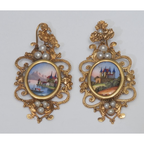 964 - A pair of neoclassical enamelled seed pearl mounted drop earrings, each with a central oval Italiana... 