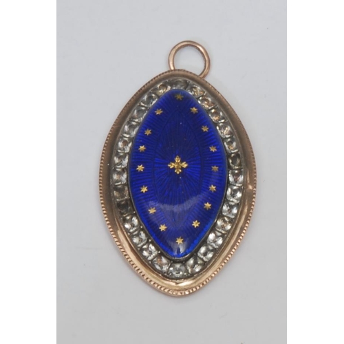 992 - A 19th century enamelled oval pendant, central royal blue raised star and cross accented panel surro... 