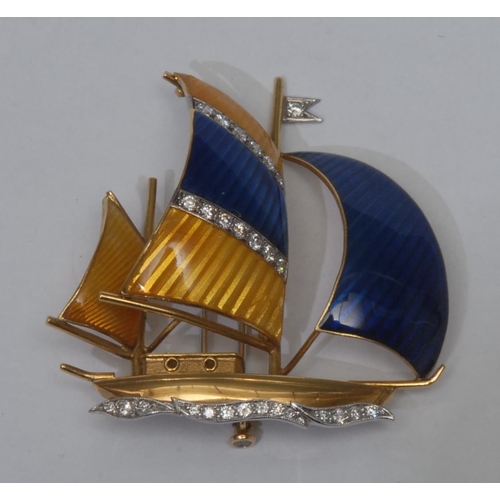 1007 - An impressive hand crafted yellow and blue enamelled diamond inset yacht brooch, the gold hull resti... 