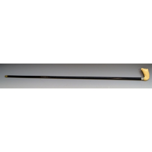 1210 - A George V Japonesque gentleman's silver-mounted ivory and ebony walking cane, the novelty handle ca... 