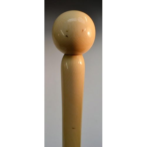 1219 - A 19th century novelty gentleman's ivory and two-tone hardwood walking 'pill' system cane, the spher... 