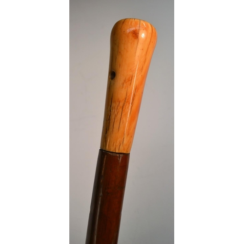 1222 - An 18th century gentleman's ivory and malacca walking cane, quite plain, pierced with a suspension l... 