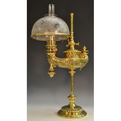 1312 - A 19th century brass patent student's oil lamp, by Wild & Wessel, Berlin the reservoir in the Classi... 