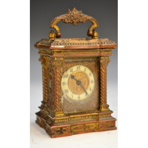 1327 - A 19th century Continental gilt metal miniature carriage clock, Arabic numerals, turned Corinthium c... 