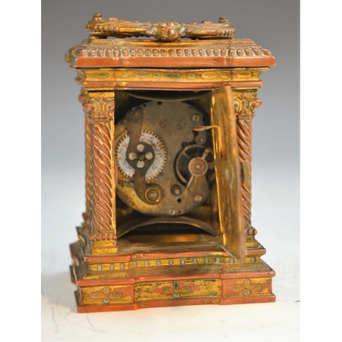 1327 - A 19th century Continental gilt metal miniature carriage clock, Arabic numerals, turned Corinthium c... 