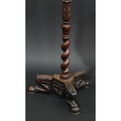 1438 - A Chinese padouk wood standard lamp, capped by fruiting vine and carved throughout with leafy bamboo... 