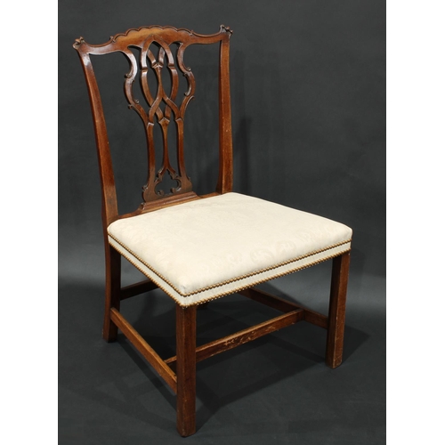 2053 - A Chippendale period mahogany side chair, shaped cresting rail, pierced splat, stuffed over seat, ch... 