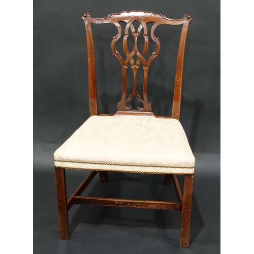 2053 - A Chippendale period mahogany side chair, shaped cresting rail, pierced splat, stuffed over seat, ch... 