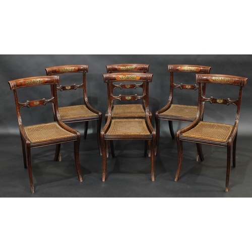 2070 - A set of six Regency brass marquetry bar back dining chairs, cane seats, sabre legs, c.1820