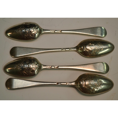 622 - A set of four George II silver Hanoverian pattern picture-back teaspoons, each decorated with fowl b... 