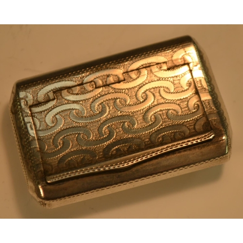 690 - A George III silver bowed canted rectangular snuff box, bright-cut engraved with bands of interlaced... 