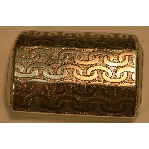 690 - A George III silver bowed canted rectangular snuff box, bright-cut engraved with bands of interlaced... 