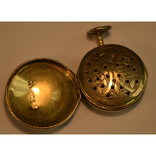 704 - A George III silver-gilt novelty fob chain vinaigrette, as a pocket watch case, wrigglework engraved... 