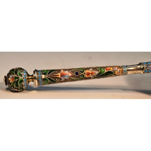 735 - A large Russian silver and cloisonne enamel spoon, decorated in polychrome with flowers and scrollin... 